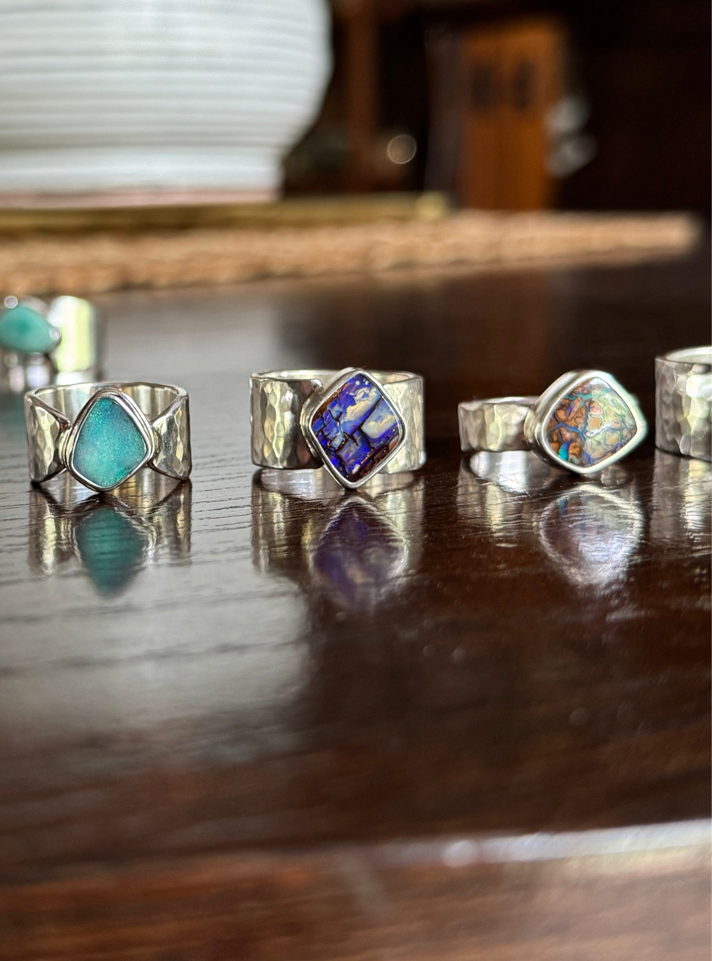Australian Boulder Opal Ring with Wide Hammered Band