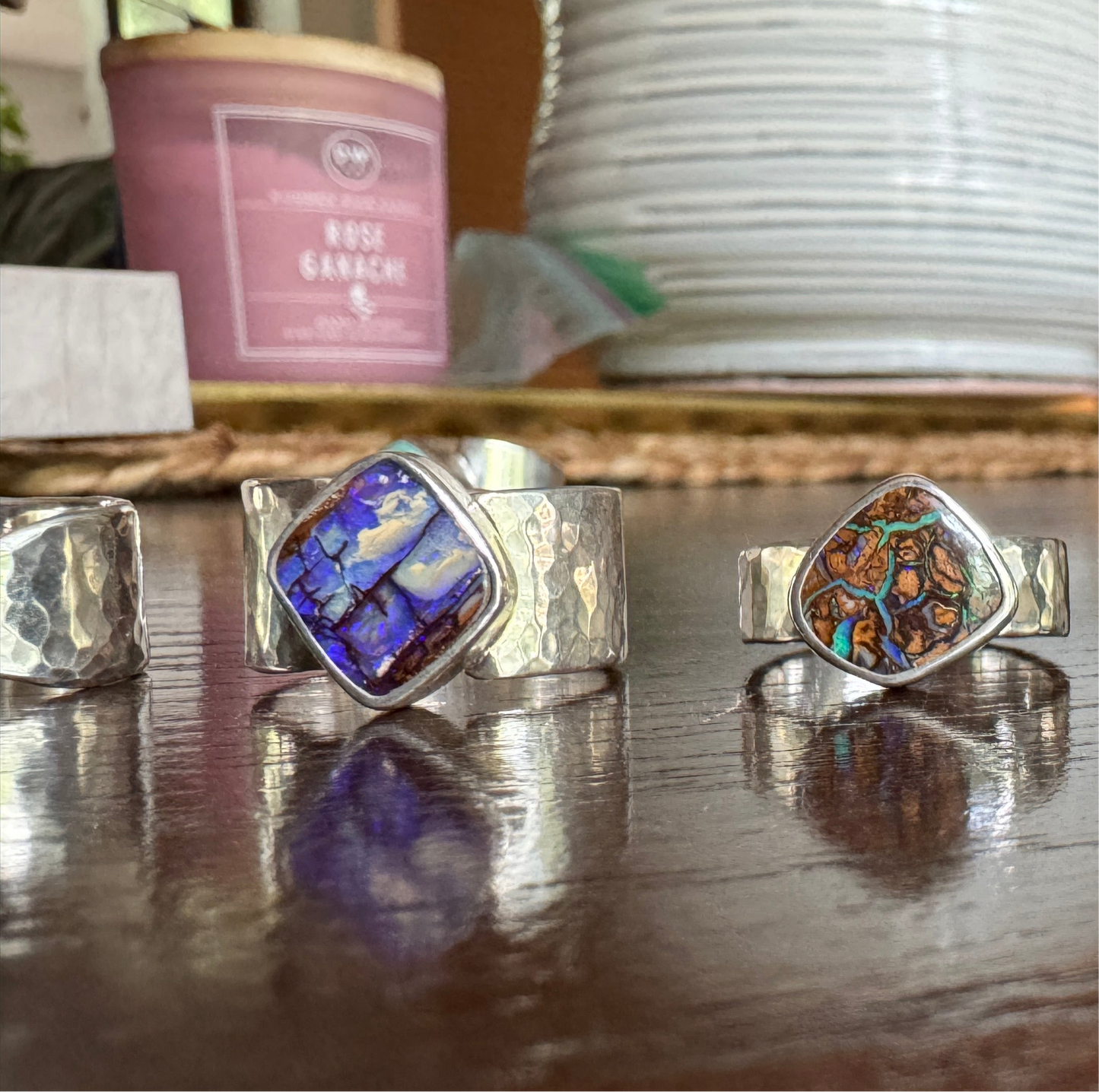 Australian Boulder Opal Ring with Wide Hammered Band