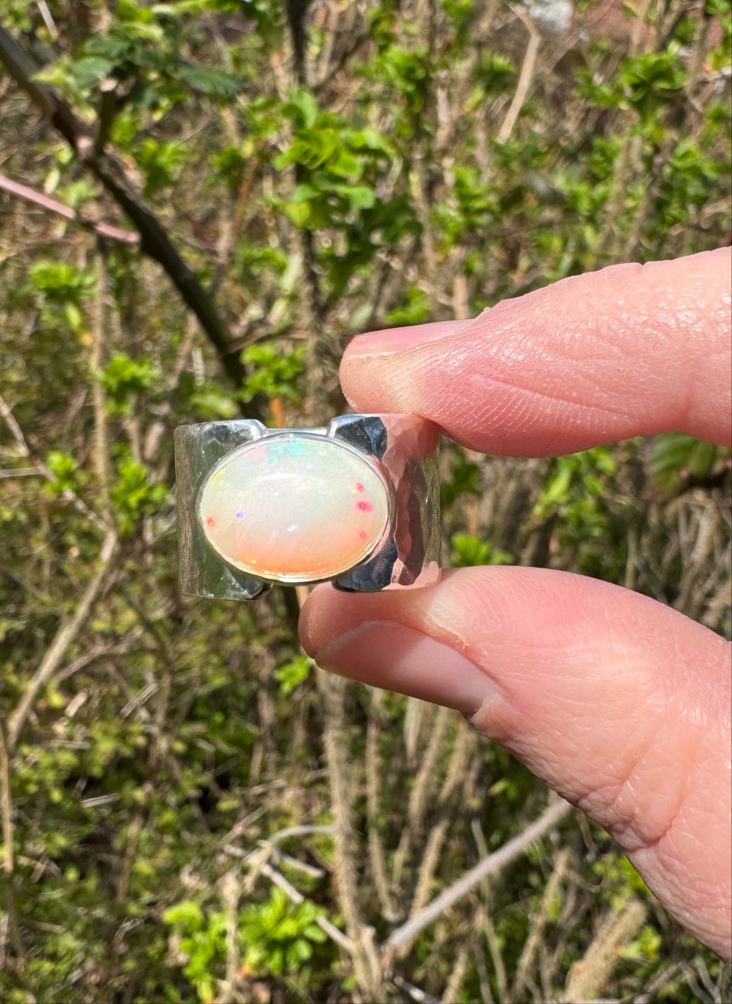 Welo Opal Ring with Hammered Wide Band