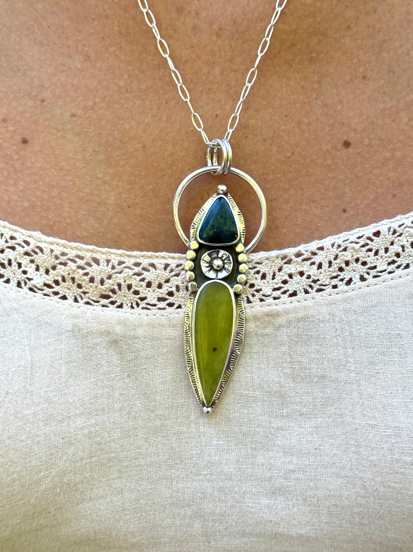 Vesuvianite + Jasper Flower Statement Pendant