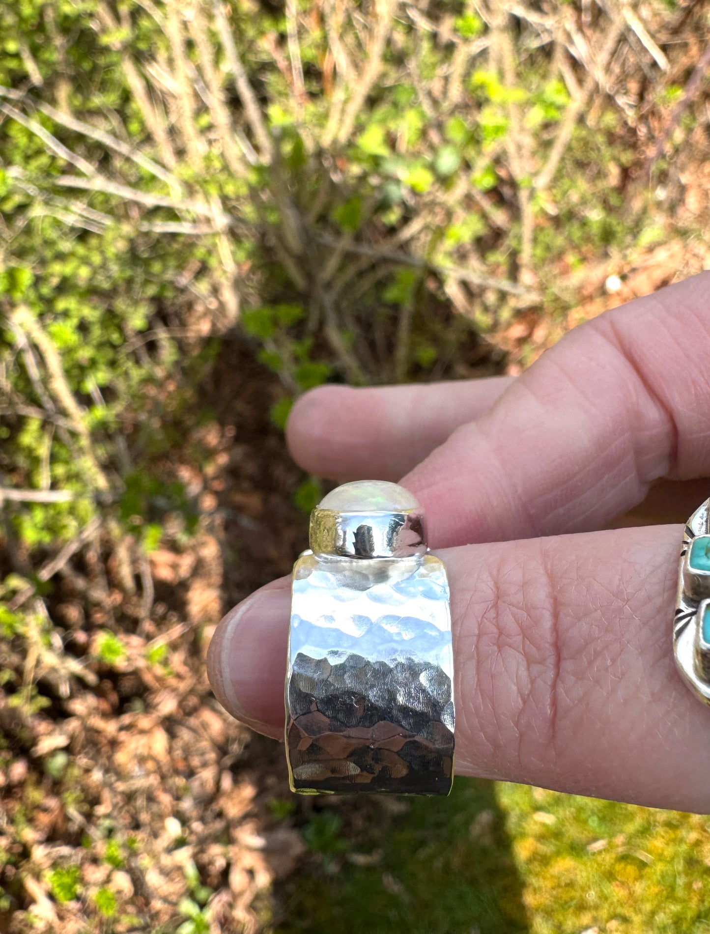 Welo Opal Ring with Hammered Wide Band