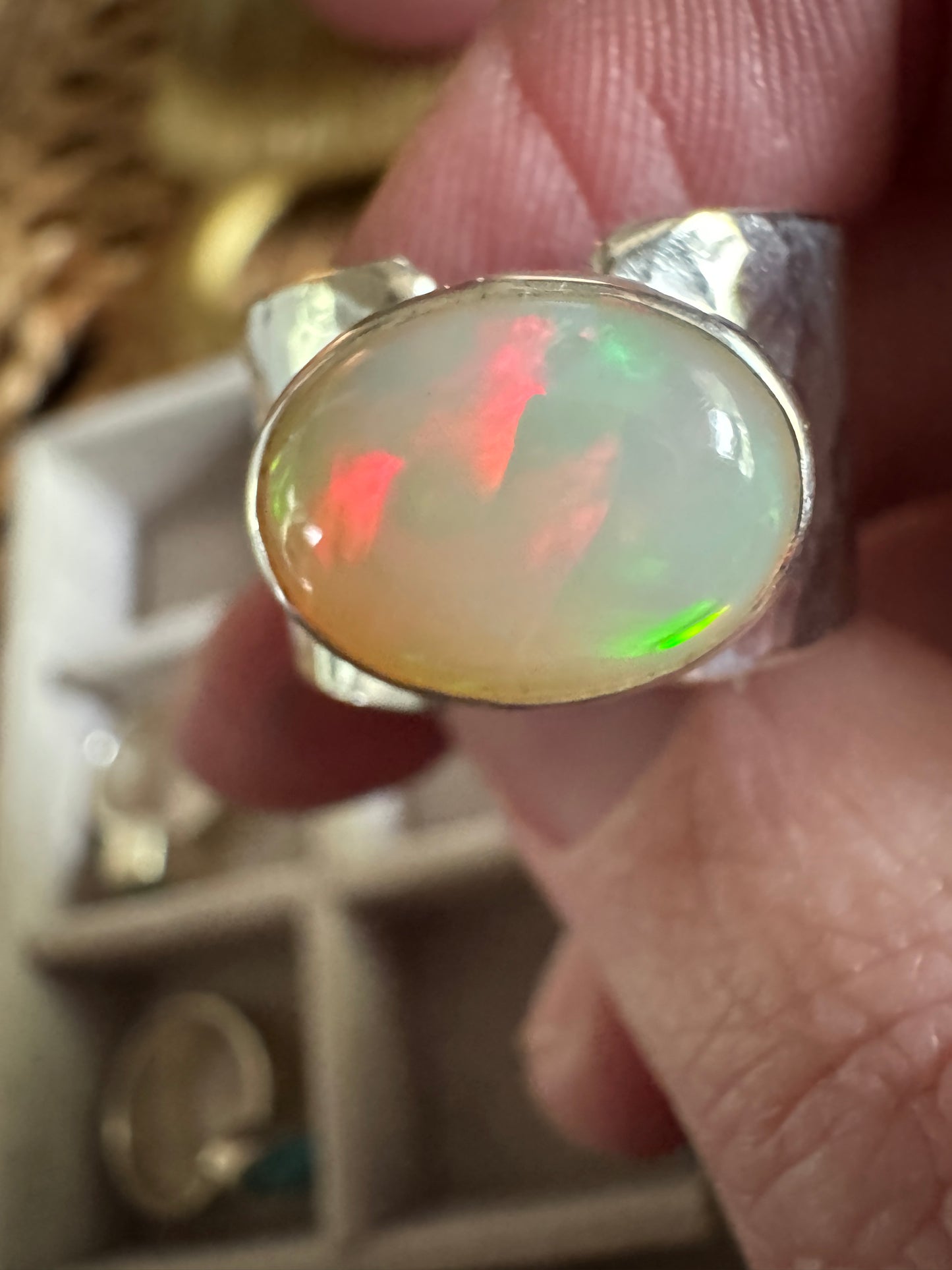 Welo Opal Ring with Hammered Wide Band