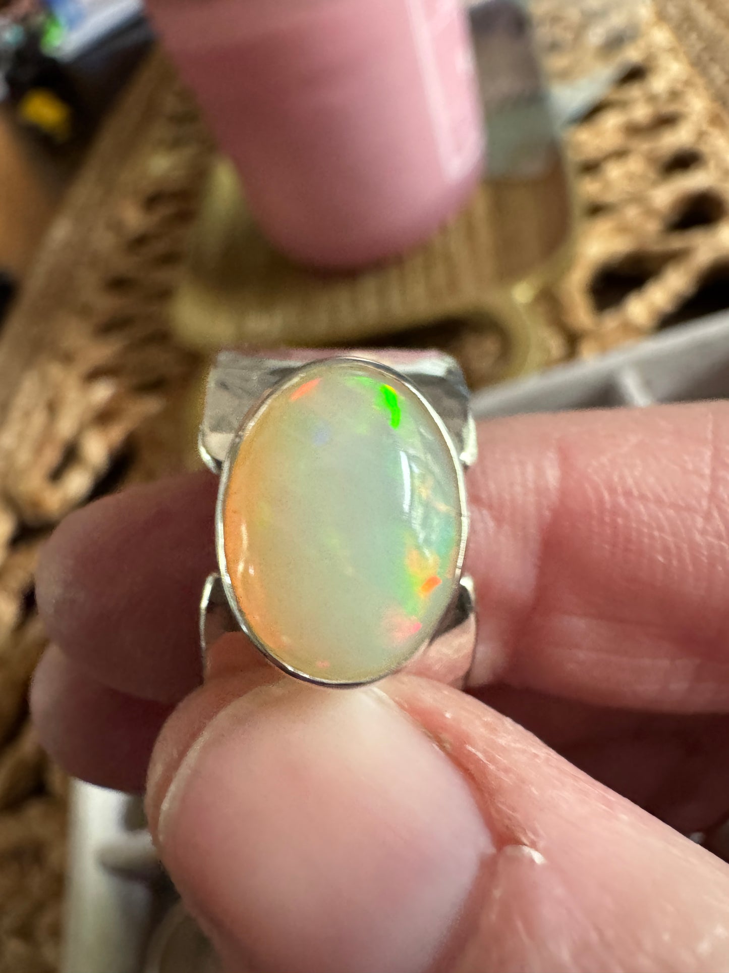 Welo Opal Ring with Hammered Wide Band