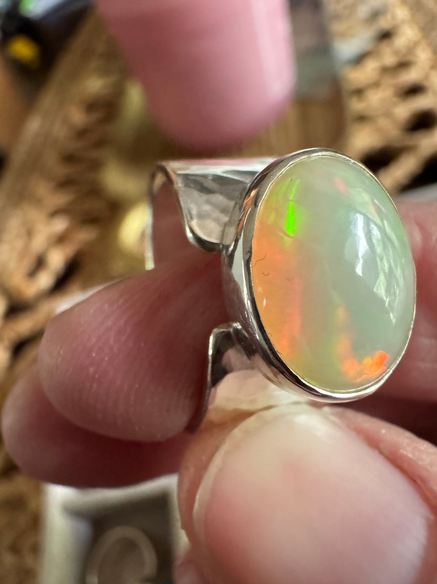 Welo Opal Ring with Hammered Wide Band