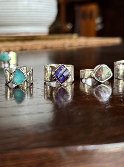 Australian Boulder Opal Ring with Wide Hammered Band