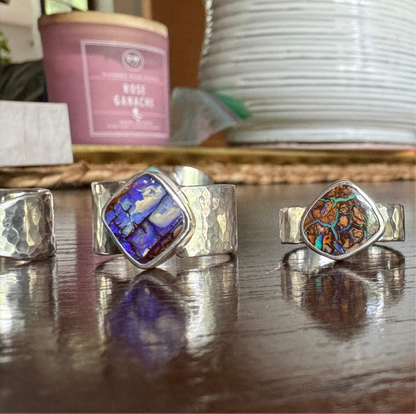 Australian Boulder Opal Ring with Wide Hammered Band