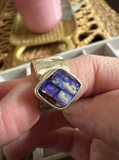 Australian Boulder Opal Ring with Wide Hammered Band
