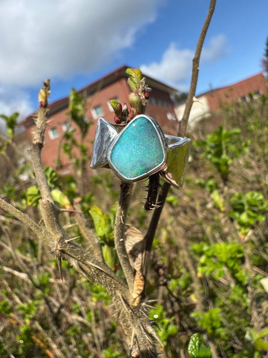 Australian Boulder Opal Hammered Wide Band Ring