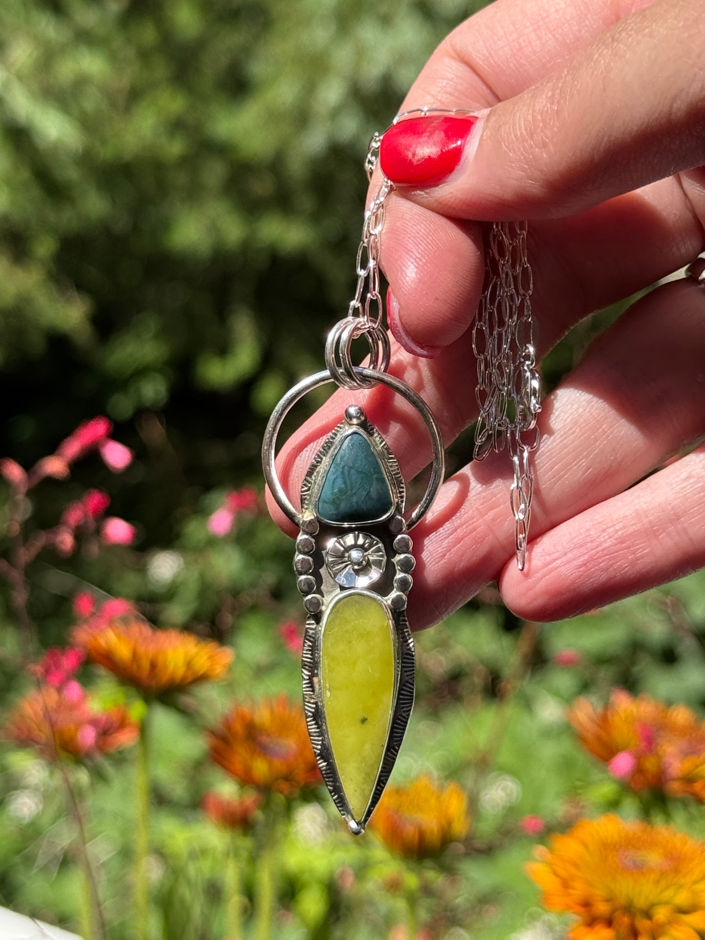 Vesuvianite + Jasper Flower Statement Pendant
